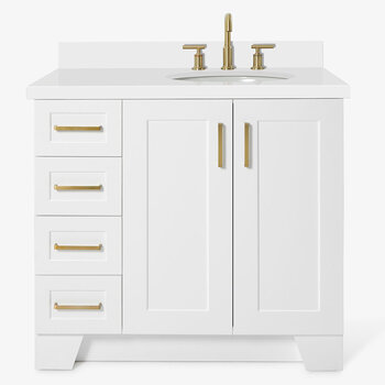 ARIEL Taylor 37'' W Single Sink Bath Vanity with Right Offset Oval Sink and White Quartz Countertop, Front View
