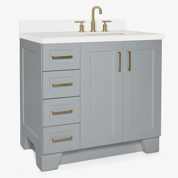 ARIEL Taylor 37'' W Single Sink Bath Vanity with Right Offset Rectangle Sink and White Quartz Countertop, Angle View