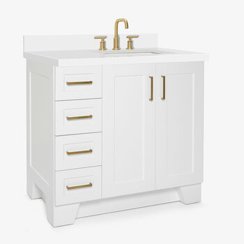 ARIEL Taylor 37'' W Single Sink Bath Vanity with Right Offset Rectangle Sink and White Quartz Countertop, Angle View