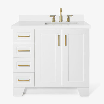 ARIEL Taylor 37'' W Single Sink Bath Vanity with Right Offset Rectangle Sink and White Quartz Countertop, Front View