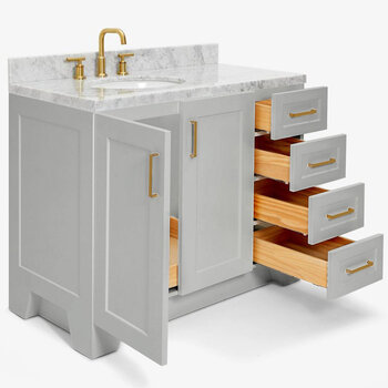 ARIEL Taylor 43'' W Single Sink Bath Vanity with Left Offset Oval Sink and Carrara White Marble Countertop, Opened View