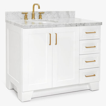 ARIEL Taylor 43'' W Single Sink Bath Vanity with Left Offset Oval Sink and Carrara White Marble Countertop, Angle View