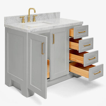 ARIEL Taylor 43'' W Single Sink Bath Vanity with Left Offset Rectangle Sink and Carrara White Marble Countertop, Opened View