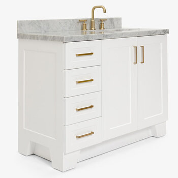 ARIEL Taylor 43'' W Single Sink Bath Vanity with Right Offset Rectangle Sink and Carrara White Marble Countertop, Angle View