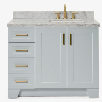 ARIEL Taylor 43'' W Single Sink Bath Vanity with Right Offset Rectangle Sink and Carrara White Marble Countertop, Front View