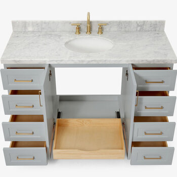 ARIEL Taylor 55'' W Single Sink Bath Vanity with Oval Sink and Carrara White Marble Countertop, Opened View
