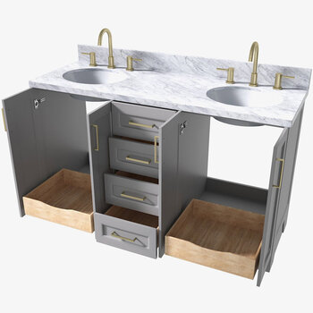 ARIEL Taylor 61'' W Double Sink Bath Vanity with Oval Sinks and Carrara White Marble Countertop, Opened View