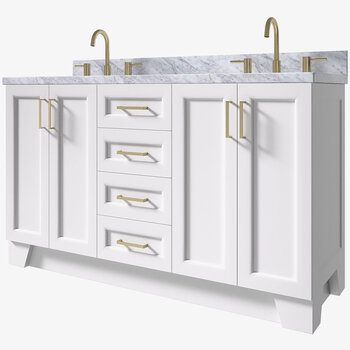 ARIEL Taylor 61'' W Double Sink Bath Vanity with Rectangle Sinks and Carrara White Marble Countertop, Angle View
