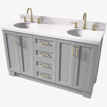ARIEL Taylor 61'' W Double Oval Sink Vanity With White Quartz Countertop In Grey, Angle View