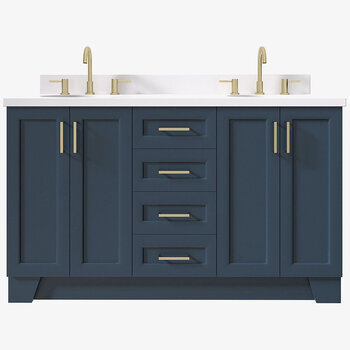 ARIEL Taylor 61'' W Double Oval Sink Vanity With White Quartz Countertop In Midnight Blue, Front View