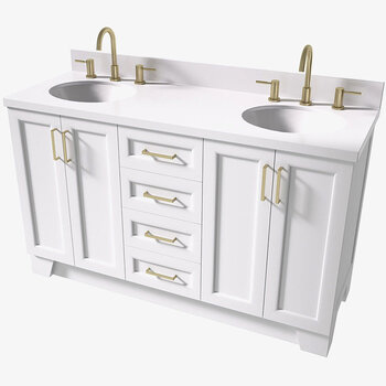 ARIEL Taylor 61'' W Double Oval Sink Vanity With White Quartz Countertop In White, Angle View