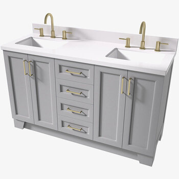 ARIEL Taylor 61'' W Double Sink Bath Vanity with Rectangle Sinks and White Quartz Countertop, Angle View