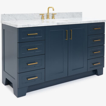 ARIEL Taylor 61'' W Single Sink Bath Vanity with Oval Sink and Carrara White Marble Countertop, Angle View