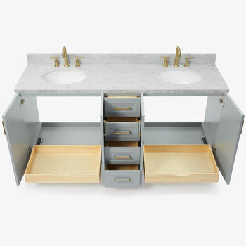 ARIEL Taylor 73'' W Double Sink Bath Vanity with Oval Sinks and Carrara White Marble Countertop, Opened View