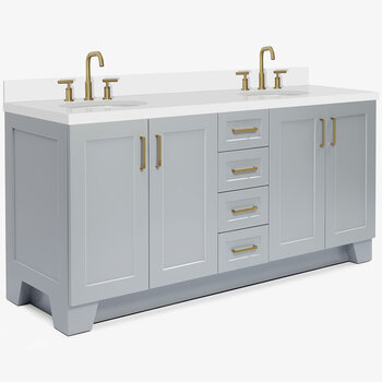 ARIEL Taylor 73'' W Double Oval Sink Vanity With White Quartz Countertop In Grey, Angle View