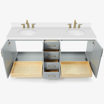 ARIEL Taylor 73'' W Double Oval Sink Vanity With White Quartz Countertop In Grey, Opened View