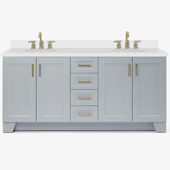 ARIEL Taylor 73'' W Double Oval Sink Vanity With White Quartz Countertop In Grey, Front View