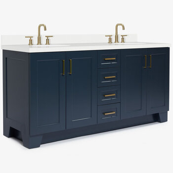 ARIEL Taylor 73'' W Double Oval Sink Vanity With White Quartz Countertop In Midnight Blue, Angle View