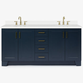 ARIEL Taylor 73'' W Double Oval Sink Vanity With White Quartz Countertop In Midnight Blue, Front View
