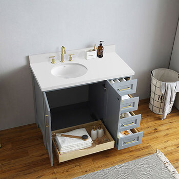 ARIEL Taylor 43'' W Single Sink Bath Vanity Birch with Left Offset Oval Sink and White Quartz Countertop, Opened View