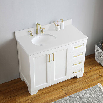 ARIEL Taylor 43'' W Single Sink Bath Vanity Birch with Left Offset Oval Sink and White Quartz Countertop, Overhead View