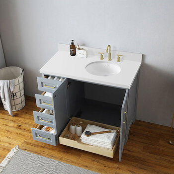 ARIEL Taylor 43'' W Single Sink Bath Vanity Birch with Right Offset Oval Sink and White Quartz Countertop, Opened View