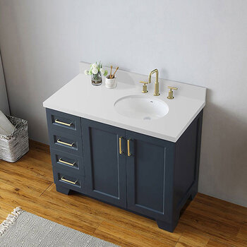 ARIEL Taylor 43'' W Single Sink Bath Vanity Birch with Right Offset Oval Sink and White Quartz Countertop, Overhead View