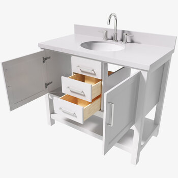 ARIEL Bayhill Single Sink Bath Vanity with Oval Sink and White Quartz Countertop, Opened View