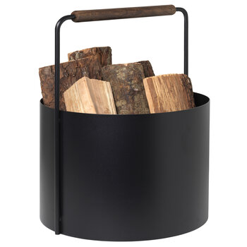 Blomus Ashi Collection Firewood Basket with Brown Handle, In Use View