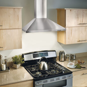 Broan BW50 Series 30'' Convertible European Style Wall Mounted Chimney Range Hood, 380 Max Blower CFM, 1.5 Sones, Stainless Steel, LED Light, Installed Angle View