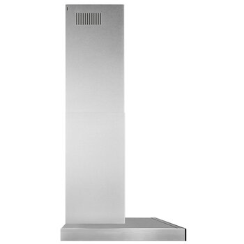 Broan BWT1SSB Series 30'' Convertible Wall Mount T-Style Pyramidal Chimney Range Hood in Stainless Steel with Black Glass, 450 CFM, LED Lighting, Side View
