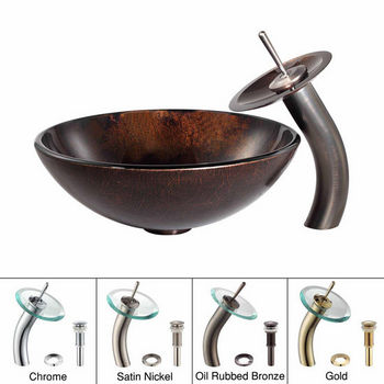 Kraus Pluto Glass Vessel Sink and Oil Rubbed Bronze Waterfall Faucet Set