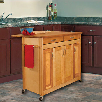 Catskill Craftsmen Butcher Block Island with Flat Panel Doors and Drop Leaf in Oiled Finish, Ready to Assemble, Casters, 44-3/8" W x 28" D x 34-1/2" H