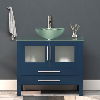 Cambridge Plumbing 36'' W Solid Wood Single Vanity in Blue, Tempered Glass Countertop with Glass Bowl Vessel Sink, Brushed Nickel Faucet