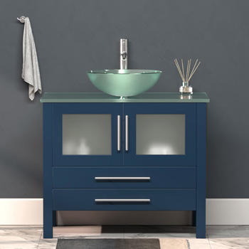 Cambridge Plumbing 36'' W Solid Wood Single Vanity in Blue, Tempered Glass Countertop with Glass Bowl Vessel Sink, Polished Chrome Faucet