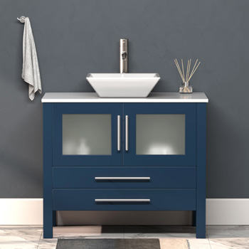 Cambridge Plumbing 36'' W Solid Wood Single Vanity in Blue, Pristine White Porcelain Countertop with White Porcelain Vessel Sink, Brushed Nickel Faucet