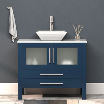Cambridge Plumbing 36'' W Solid Wood Single Vanity in Blue, Pristine White Porcelain Countertop with White Porcelain Vessel Sink, Polished Chrome Faucet