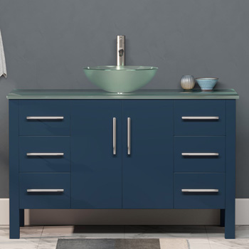Cambridge Plumbing 48'' W Solid Wood Single Vanity in Blue, Tempered Glass Countertop with Round Glass Bowl Vessel Sink, Brushed Nickel Faucet