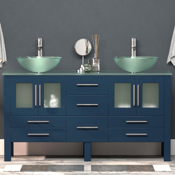 Cambridge Plumbing 63'' W Solid Wood Double Vanity in Blue, Tempered Glass Countertop with (2) Round Glass Bowl Vessel Sinks, (2) Polished Chrome Faucets