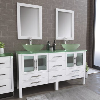 Cambridge Plumbing 63'' Vanity Set White, Glass Top, Polished Chrome Faucets