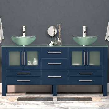 Cambridge Plumbing 71'' W Solid Wood Double Vanity in Blue, Tempered Glass Countertop with (2) Round Glass Bowl Vessel Sinks, (2) Brushed Nickel Faucets