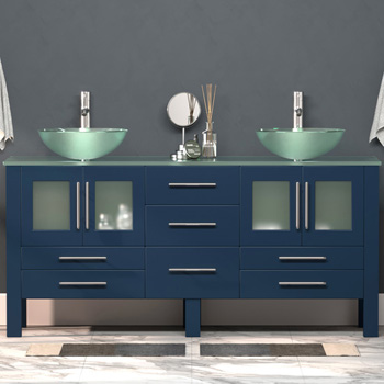 Cambridge Plumbing 71'' W Solid Wood Double Vanity in Blue, Tempered Glass Countertop with (2) Round Glass Bowl Vessel Sinks, (2) Polished Chrome Faucets