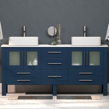 Cambridge Plumbing 71'' W Solid Wood Double Vanity in Blue, White Porcelain Countertop with (2) White Porcelain Rectangle Vessel Sinks, (2) Brushed Nickel Faucets