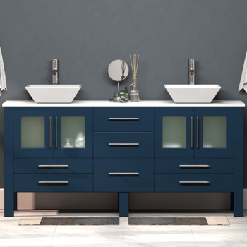 Cambridge Plumbing 71'' W Solid Wood Double Vanity in Blue, White Porcelain Countertop with (2) White Porcelain Trim Design Vessel Sinks, (2) Polished Chrome Faucets