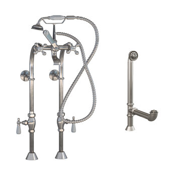 Cambridge Plumbing Complete Plumbing Package for Freestanding Bathtub without Faucet Holes, Brushed Nickel - Includes British Telephone Style Faucet w/ Hand Held Shower, Standing Supply Lines w/ Shut Off Valves and Drain Assembly