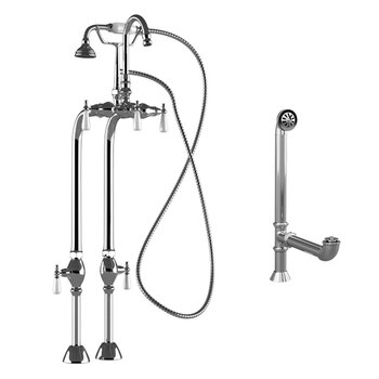 Cambridge Plumbing Complete Plumbing Package for Freestanding Bathtub without Faucet Holes, Polished Chrome - Includes English Telephone Gooseneck Style Faucet w/ Hand Held Shower, Standing Supply Lines w/ Shut Off Valves and Drain Assembly
