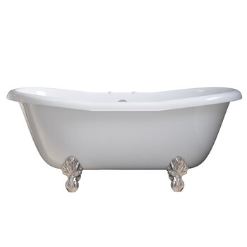 Cambridge Plumbing Amber Waves USA Quality 68" Clawfoot Double Slipper Gloss White Tub with Deck Mount Faucet Holes and Brushed Nickel Feet, Side View