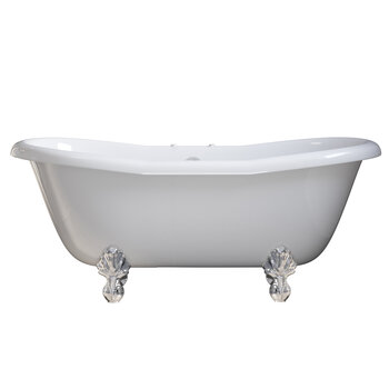 Cambridge Plumbing Amber Waves USA Quality 68" Clawfoot Double Slipper Gloss White Tub with Deck Mount Faucet Holes and Polished Chrome Feet, Side View