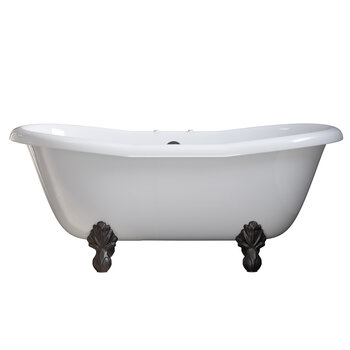 Cambridge Plumbing Amber Waves USA Quality 68" Clawfoot Double Slipper Gloss White Tub with Deck Mount Faucet Holes and Oil Rubbed Bronze Feet, Side View