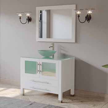 Solid Wood 36 Single Glass Or Porcelain Vessel Sink Vanity Set With White Porcelain Or Tempered Glass Countertop And Matching Mirror In Multiple Finishes By Cambridge Plumbing Kitchensource Com